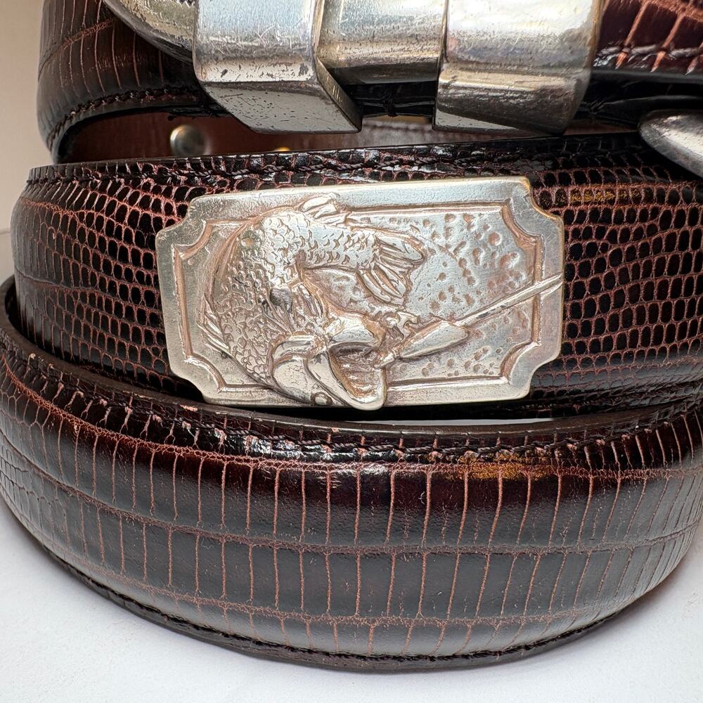 Embossed Alligator Brown Leather Belt w Silver Toned Bass Fishing Emblems 40 L - Picture 3 of 10